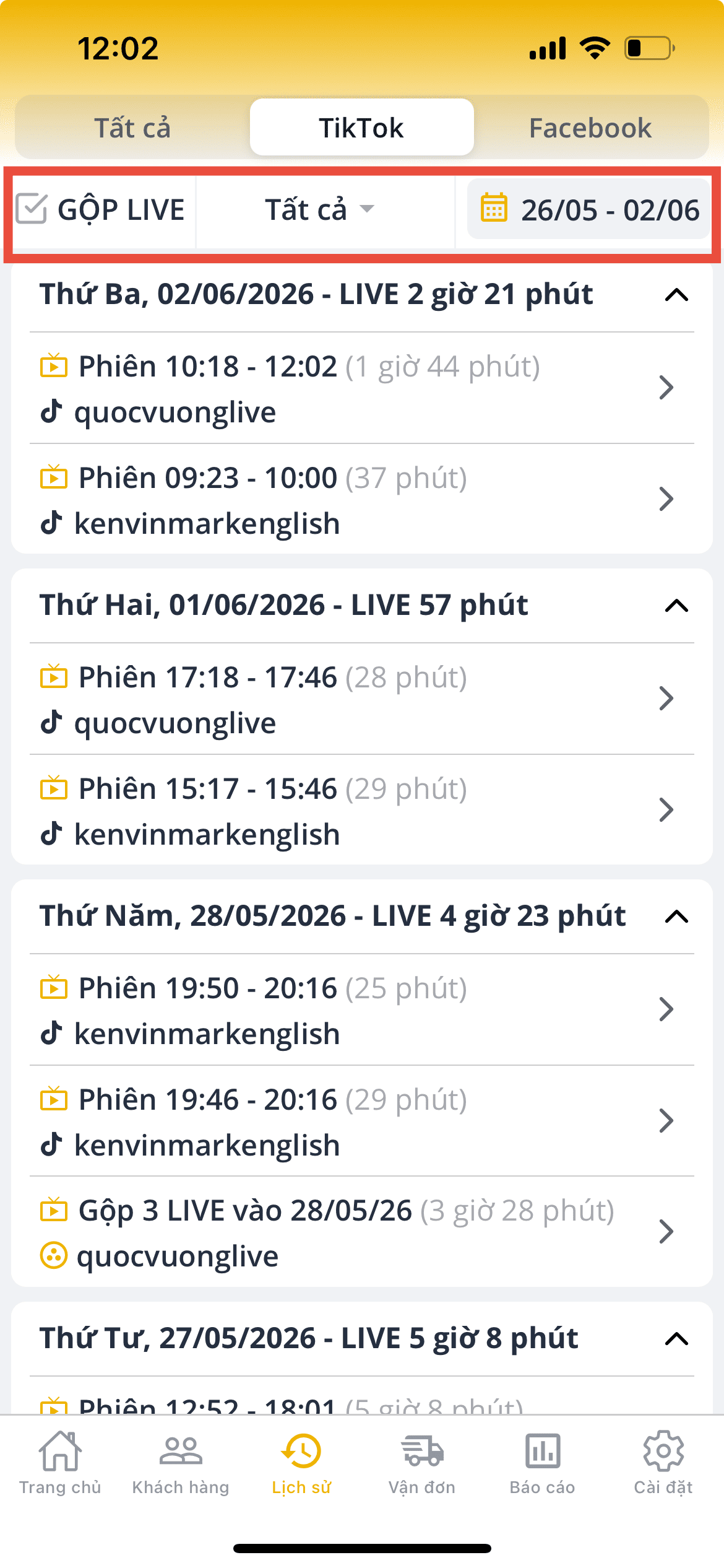 Tab Lịch sử Live